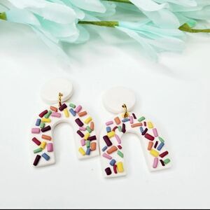 Clay arch dangle earrings, rainbow color sprinkles, stainless steel stud post